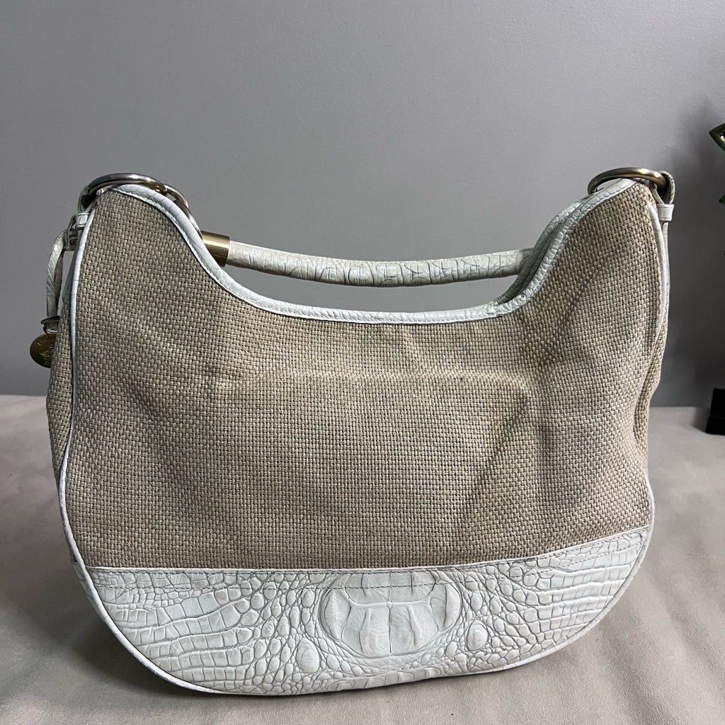Brahmin Croc Embossed Leather & Woven Shoulder Bag Ivory